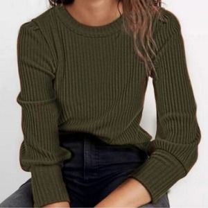 Madewell Olive Green Ribbed Knit Sweater Puff Sleeve